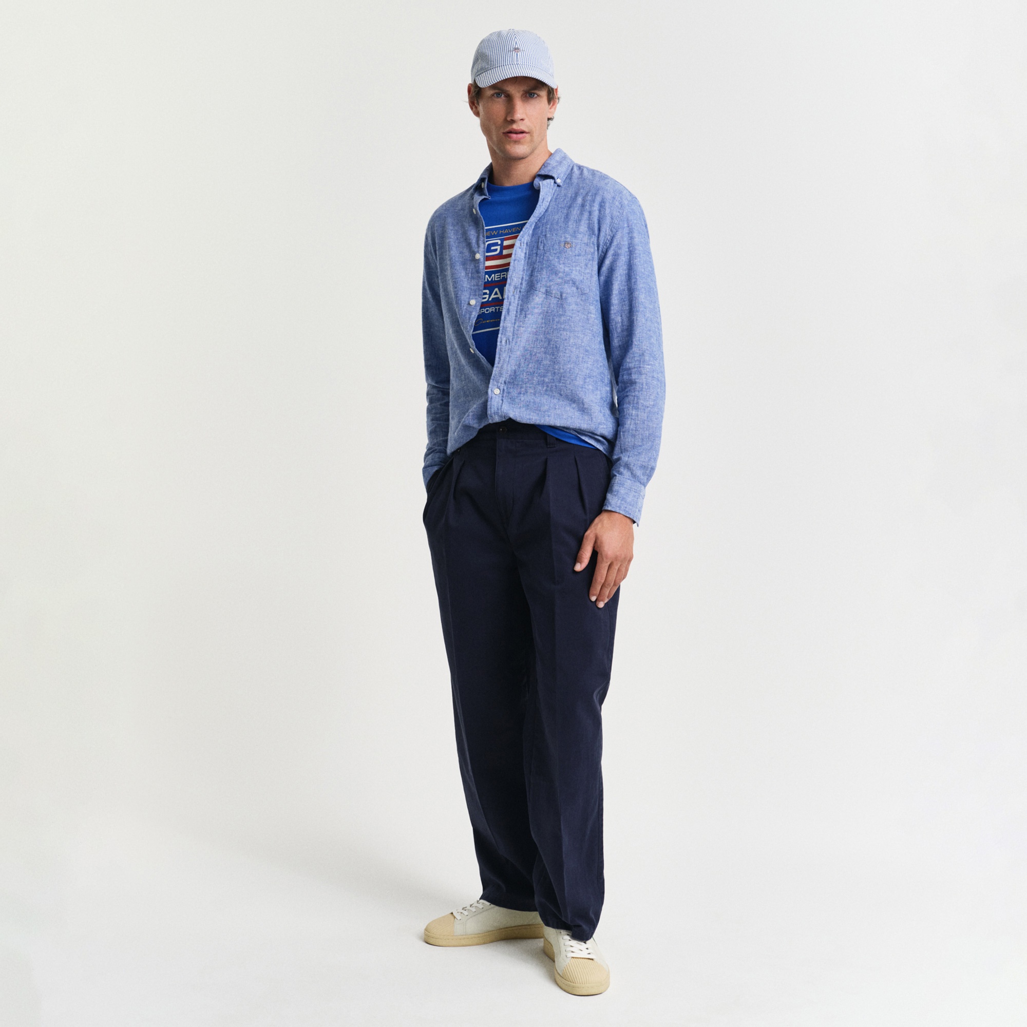 GANT Erkek Lacivert Regular Fit Düğmeli Yaka Keten Gömlek