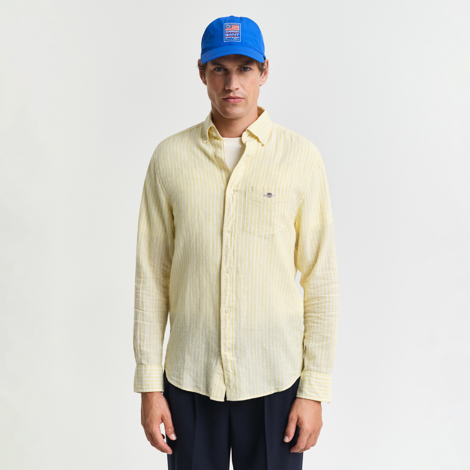 GANT Erkek Sarı Regular Fit Düğmeli Yaka Çizgili Keten Gömlek