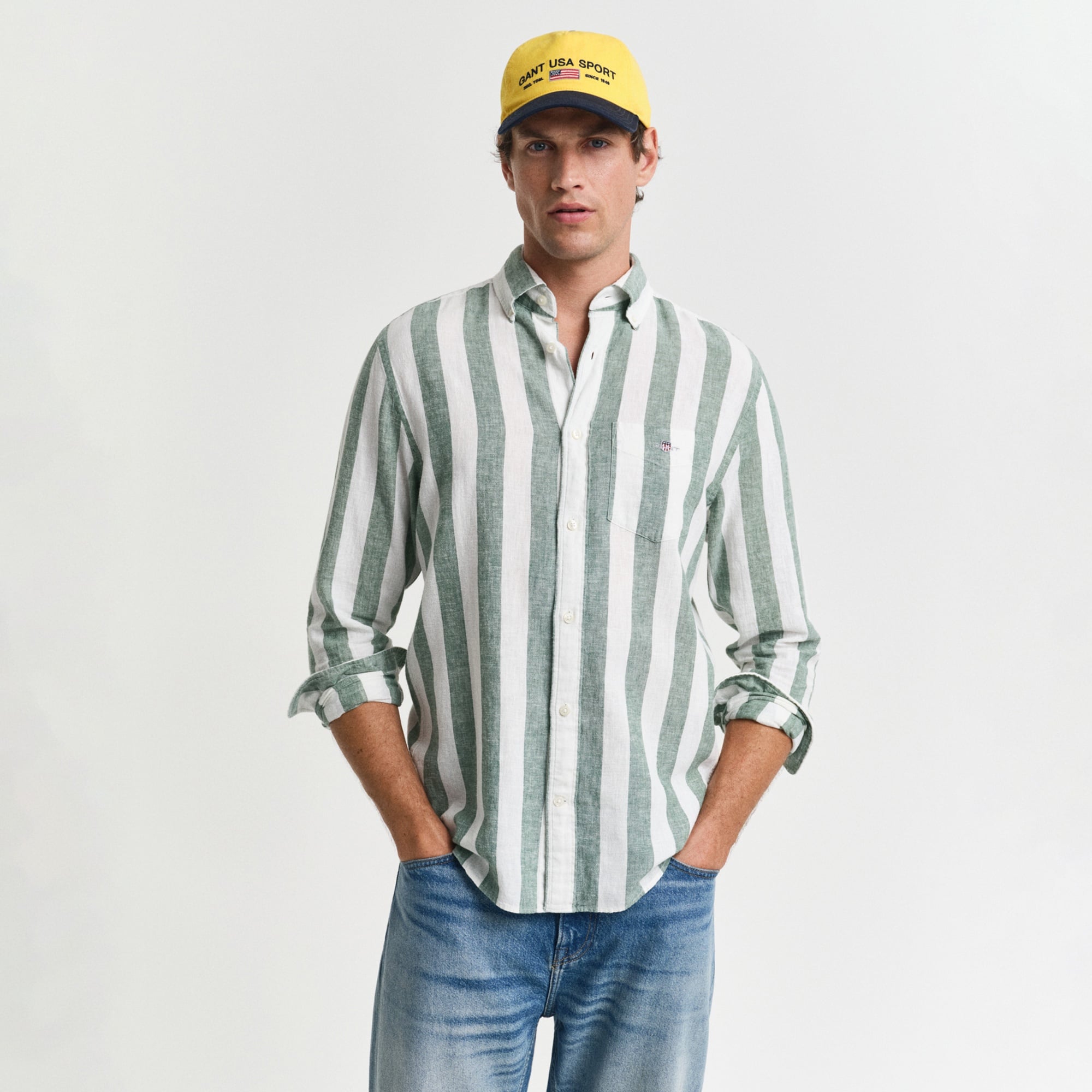 GANT Erkek Yeşil Regular Fit Düğmeli Yaka Çizgili Gömlek