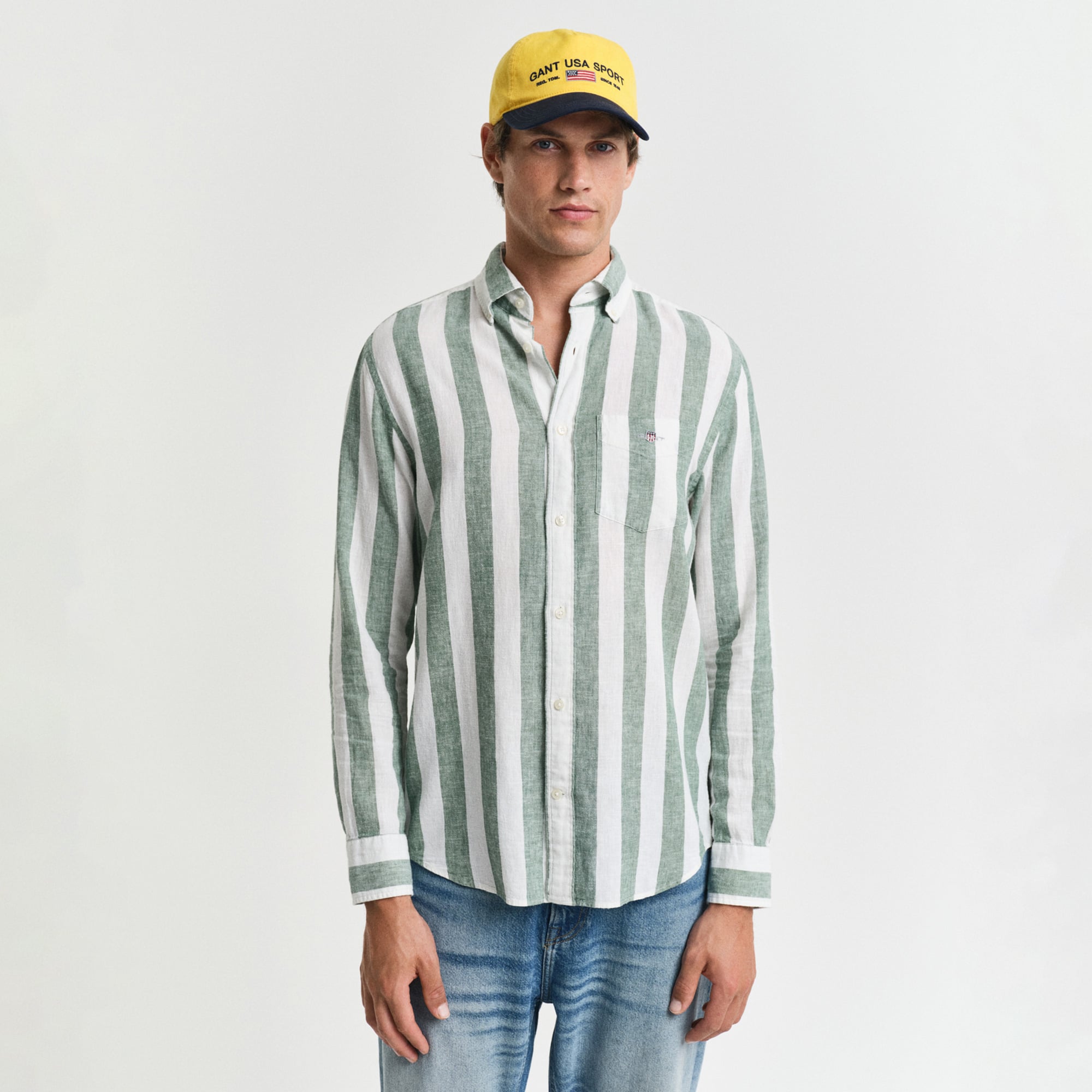  GANT Erkek Yeşil Regular Fit Düğmeli Yaka Çizgili Gömlek