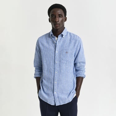  GANT Erkek Lacivert Regular Fit Düğmeli Yaka Çizgili Keten Gömlek