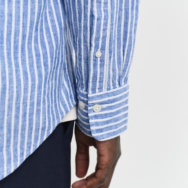  GANT Erkek Lacivert Regular Fit Düğmeli Yaka Çizgili Keten Gömlek