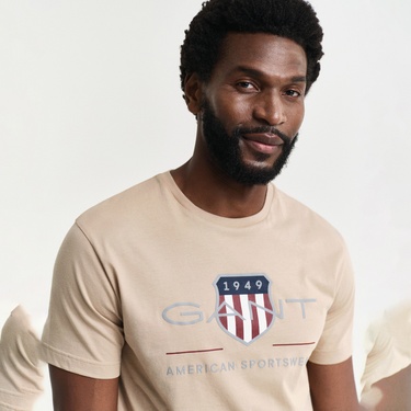  GANT Erkek Bej Regular Fit Bisiklet Yaka Logolu T-Shirt