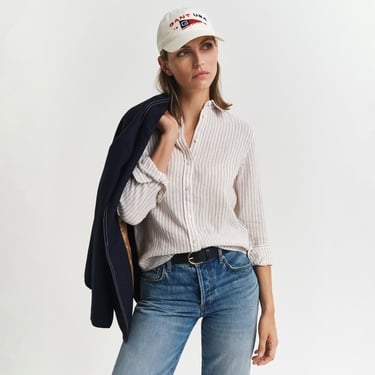  GANT Kadın Bej Regular Fit Klasik Yaka Çizgili Keten Gömlek