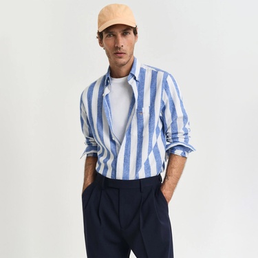  GANT Erkek Mavi  Regular Fit Düğmeli Yaka Çizgili Gömlek