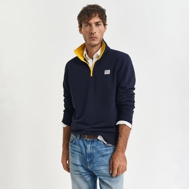  GANT Erkek Lacivert Regular Fit Yarım Fermuarlı Logolu Sweatshirt