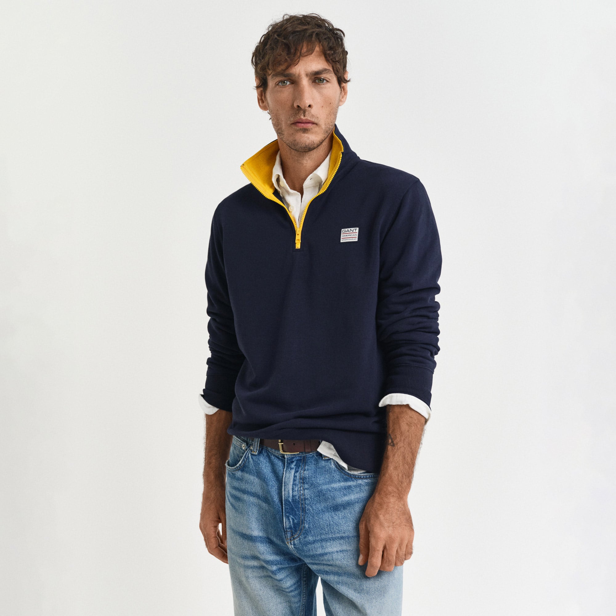  GANT Erkek Lacivert Regular Fit Yarım Fermuarlı Logolu Sweatshirt