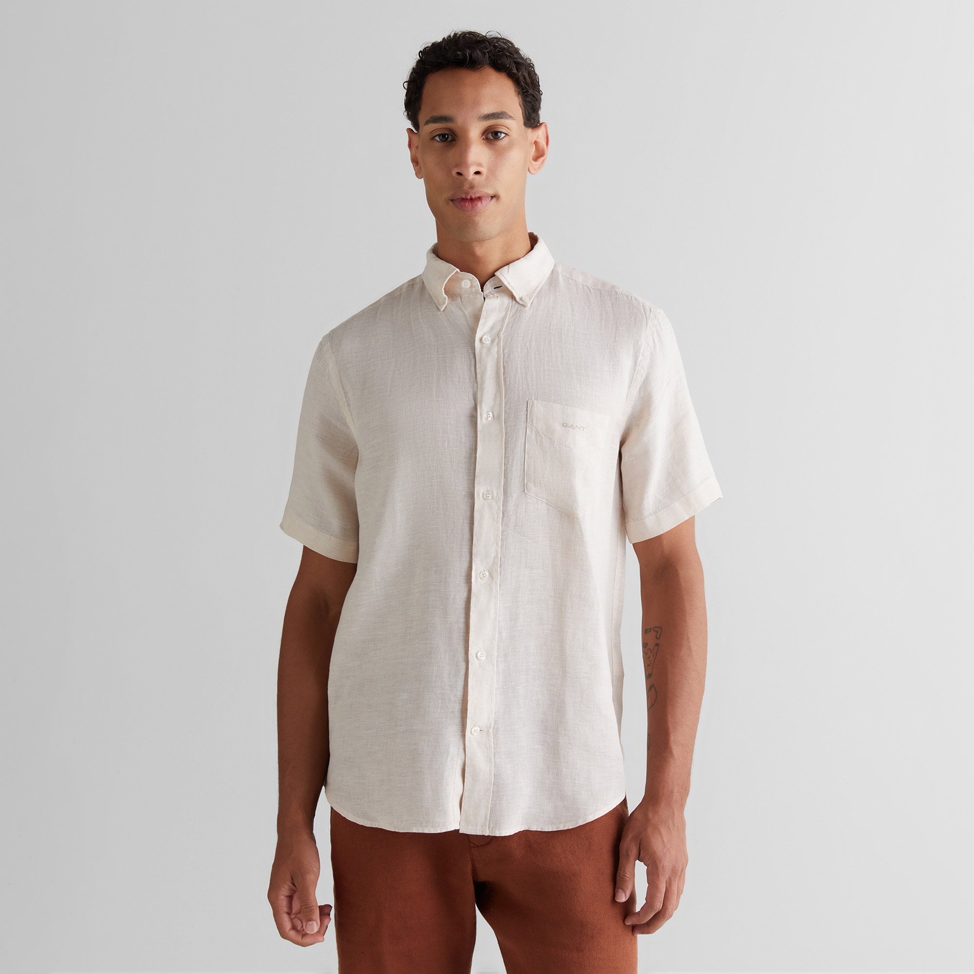  GANT Erkek Bej Regular Fit Klasik Yaka Keten Gömlek