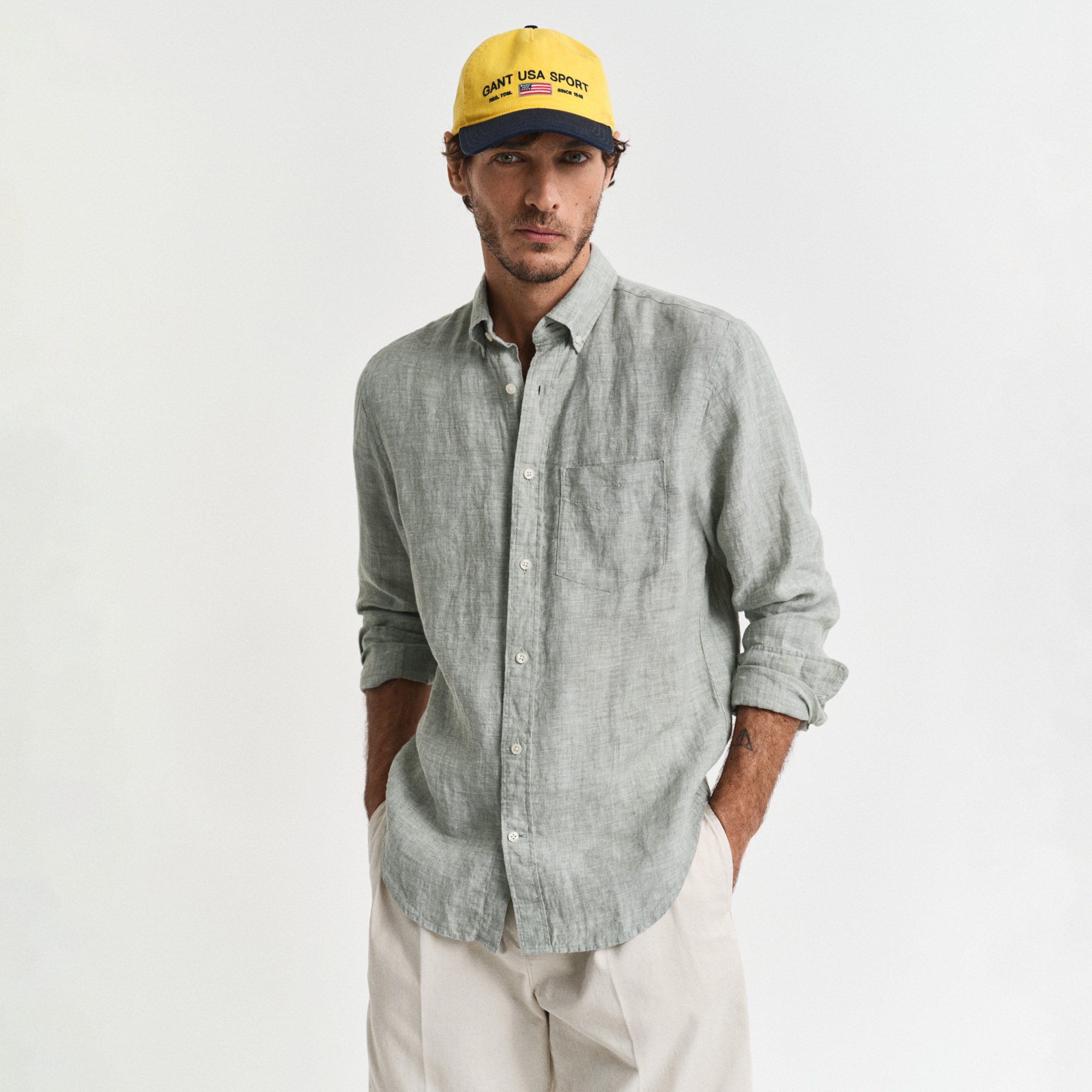 GANT Erkek Yeşil Regular Fit Düğmeli Yaka Keten Gömlek