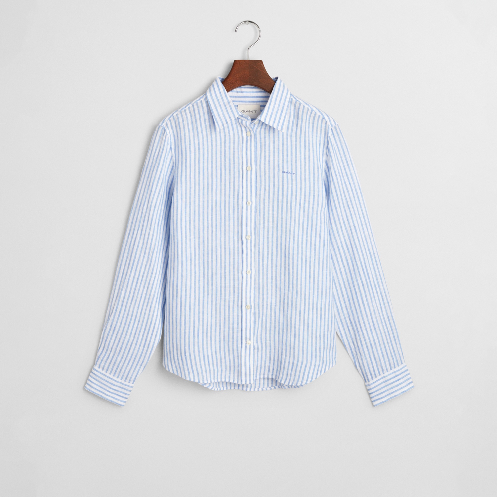 GANT Kadın Mavi Regular Fit Klasik Yaka Çizgili Keten Gömlek