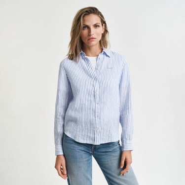  GANT Kadın Mavi Regular Fit Klasik Yaka Çizgili Keten Gömlek