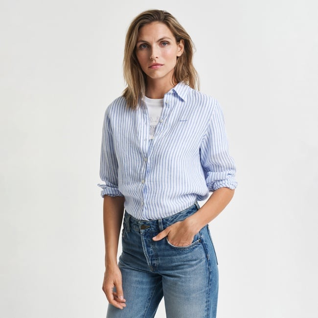  GANT Kadın Mavi Regular Fit Klasik Yaka Çizgili Keten Gömlek