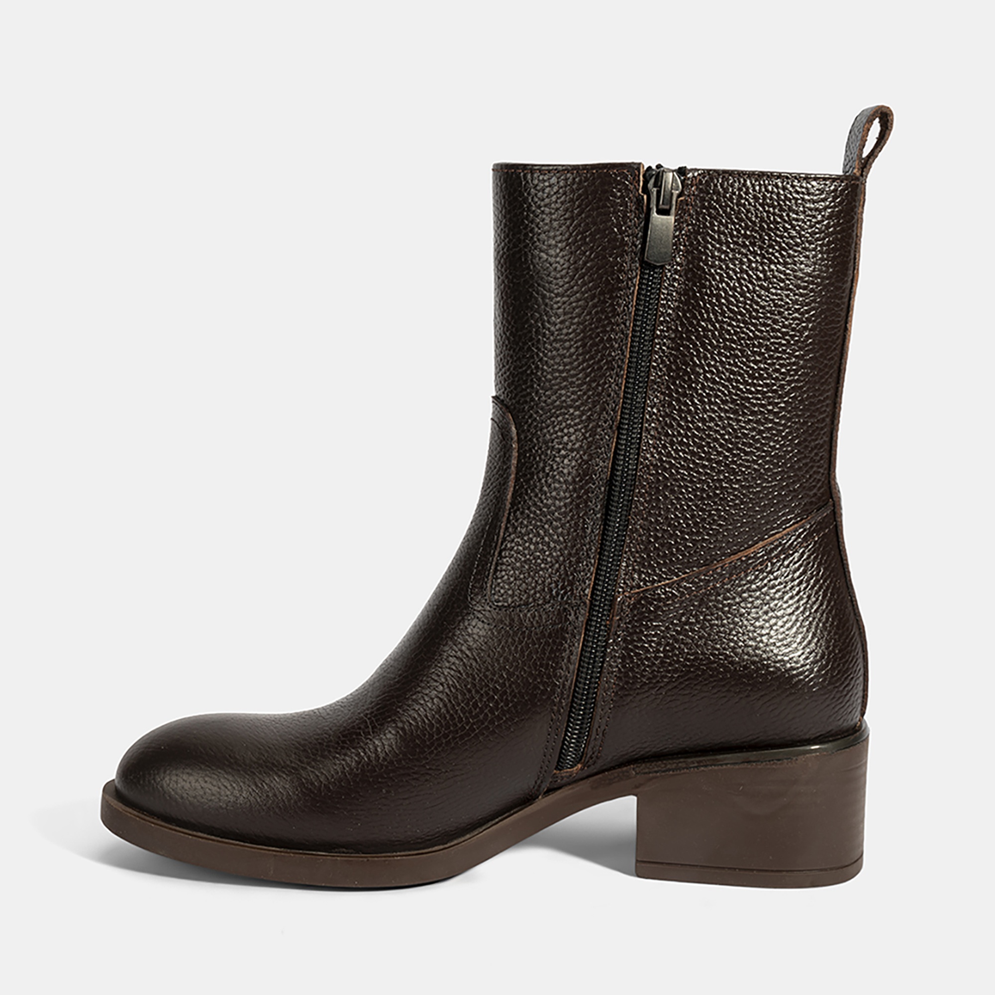 Kadın Kahve Fermuarlı Deri Topuklu Bot