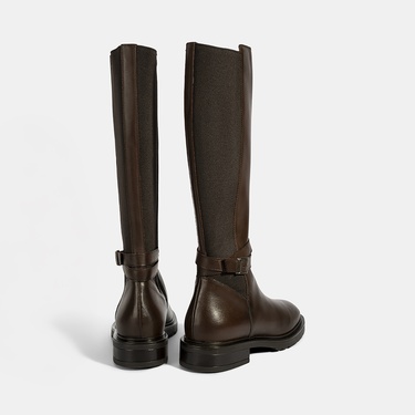  Kadın Kahve Metal Toka Detaylı Deri Çizme