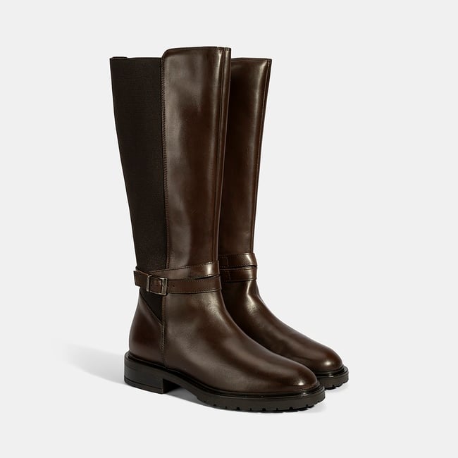  Kadın Kahve Metal Toka Detaylı Deri Çizme