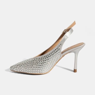  Kadın Gümüş Ayarlanabilir Metal Tokalı Taşlı Abiye Ayakkabı