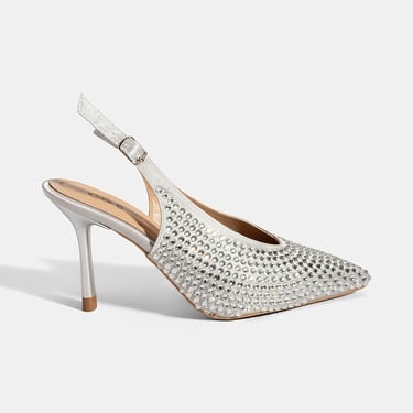  Kadın Gümüş Ayarlanabilir Metal Tokalı Taşlı Abiye Ayakkabı