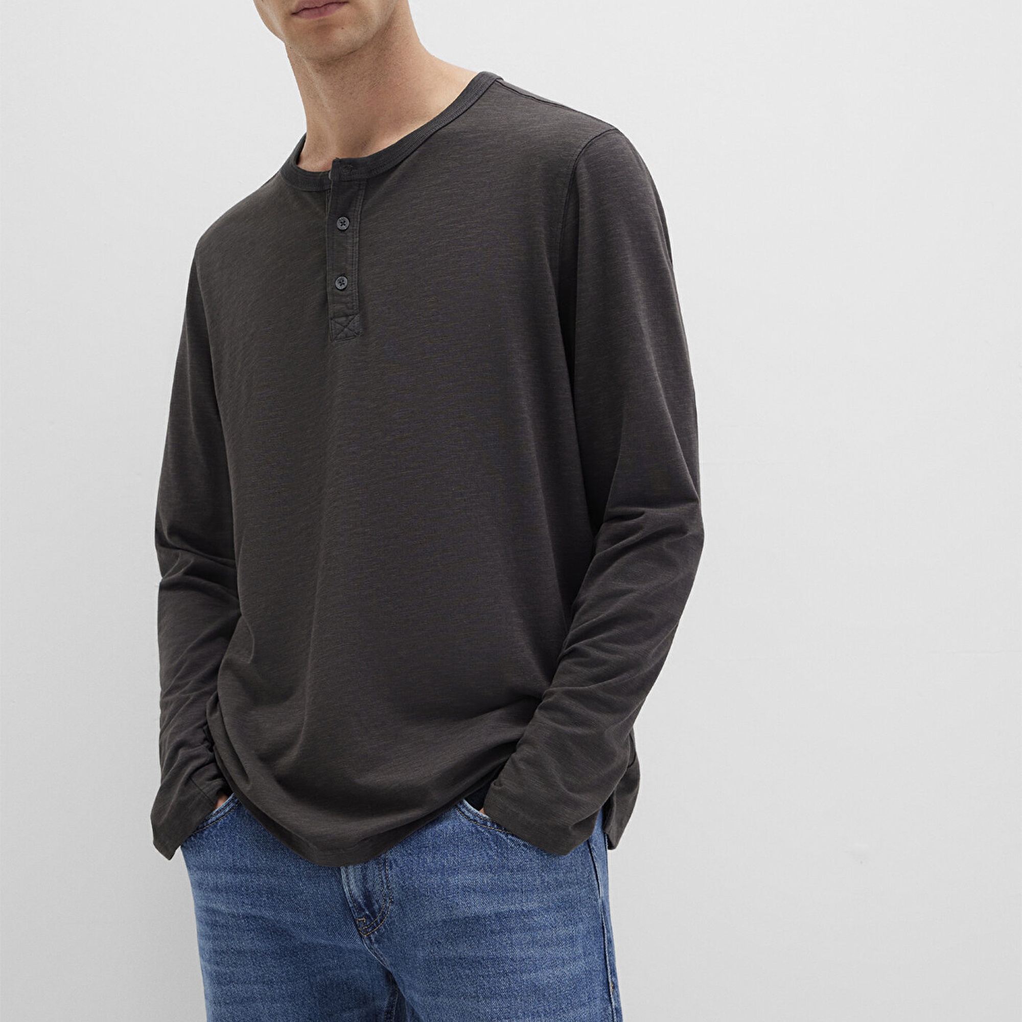 Mavi Gri Uzun Kollu Tişört Loose Fit / Bol Rahat Kesim 0613117-70092