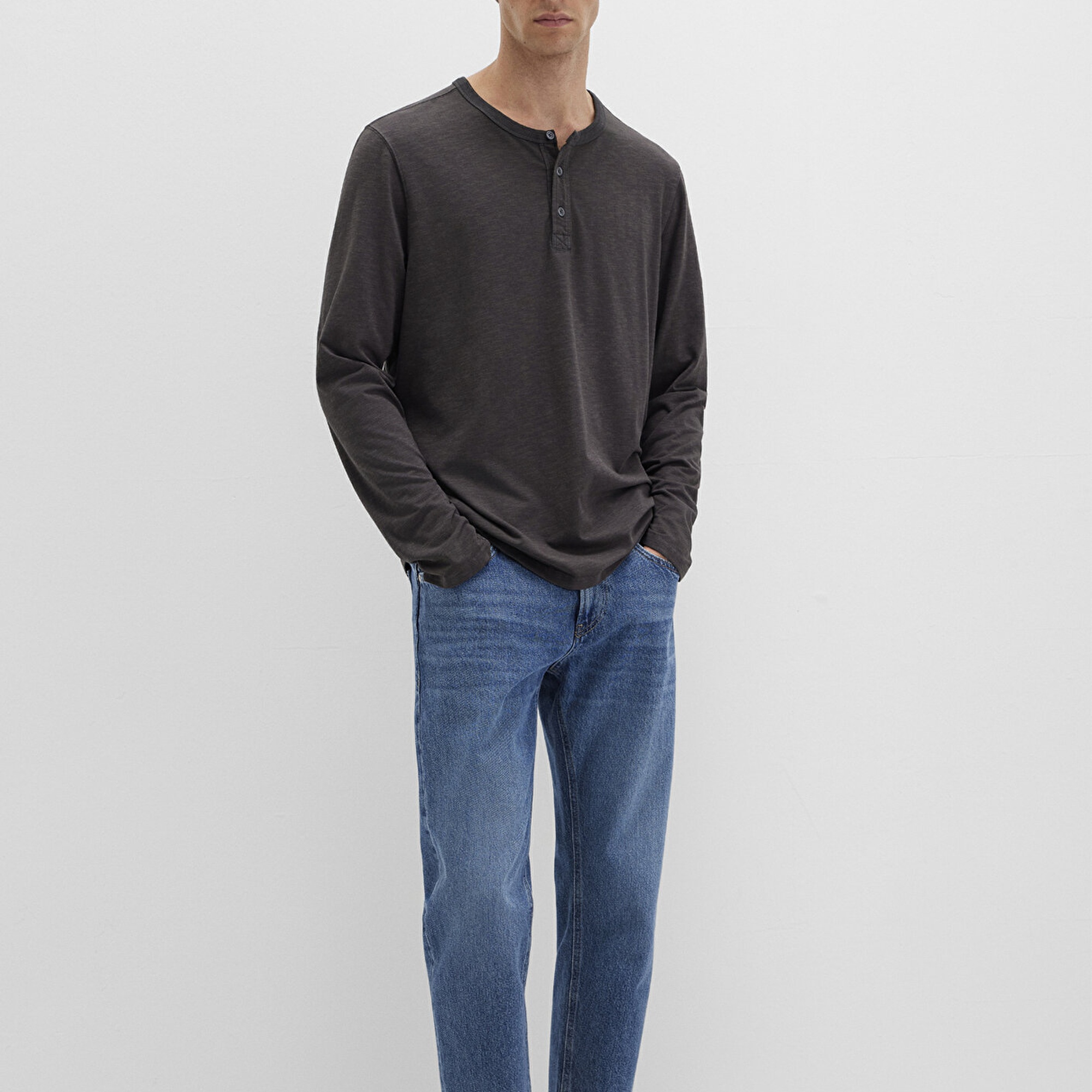 Mavi Gri Uzun Kollu Tişört Loose Fit / Bol Rahat Kesim 0613117-70092