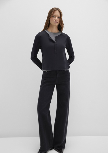  Mavi Yün Karışımlı Çift Katlı Siyah Uzun Kollu Tişört Semi Slim Fit / Yarı Dar Kesim 1613400-900