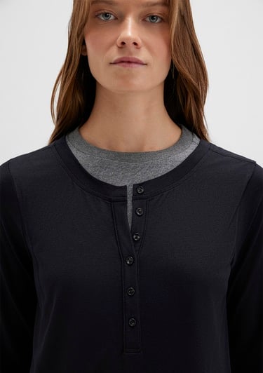  Mavi Yün Karışımlı Çift Katlı Siyah Uzun Kollu Tişört Semi Slim Fit / Yarı Dar Kesim 1613400-900