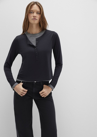  Mavi Yün Karışımlı Çift Katlı Siyah Uzun Kollu Tişört Semi Slim Fit / Yarı Dar Kesim 1613400-900