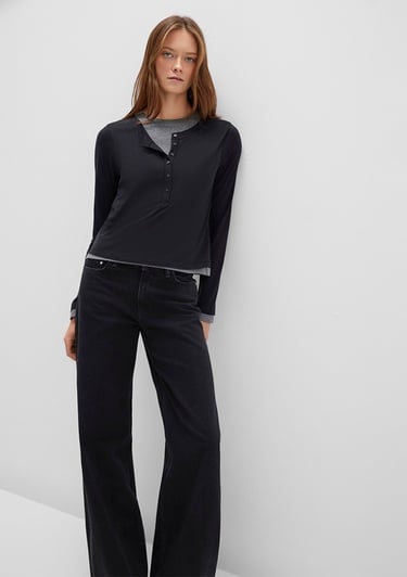  Mavi Yün Karışımlı Çift Katlı Siyah Uzun Kollu Tişört Semi Slim Fit / Yarı Dar Kesim 1613400-900