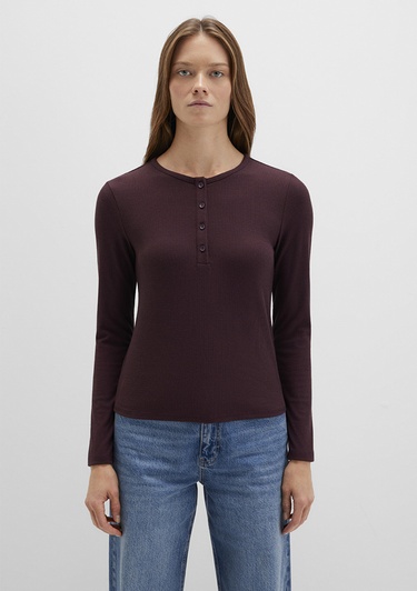  Mavi Uzun Kollu Kahverengi Basic Tişört Slim Fit / Dar Kesim 1613621-70223