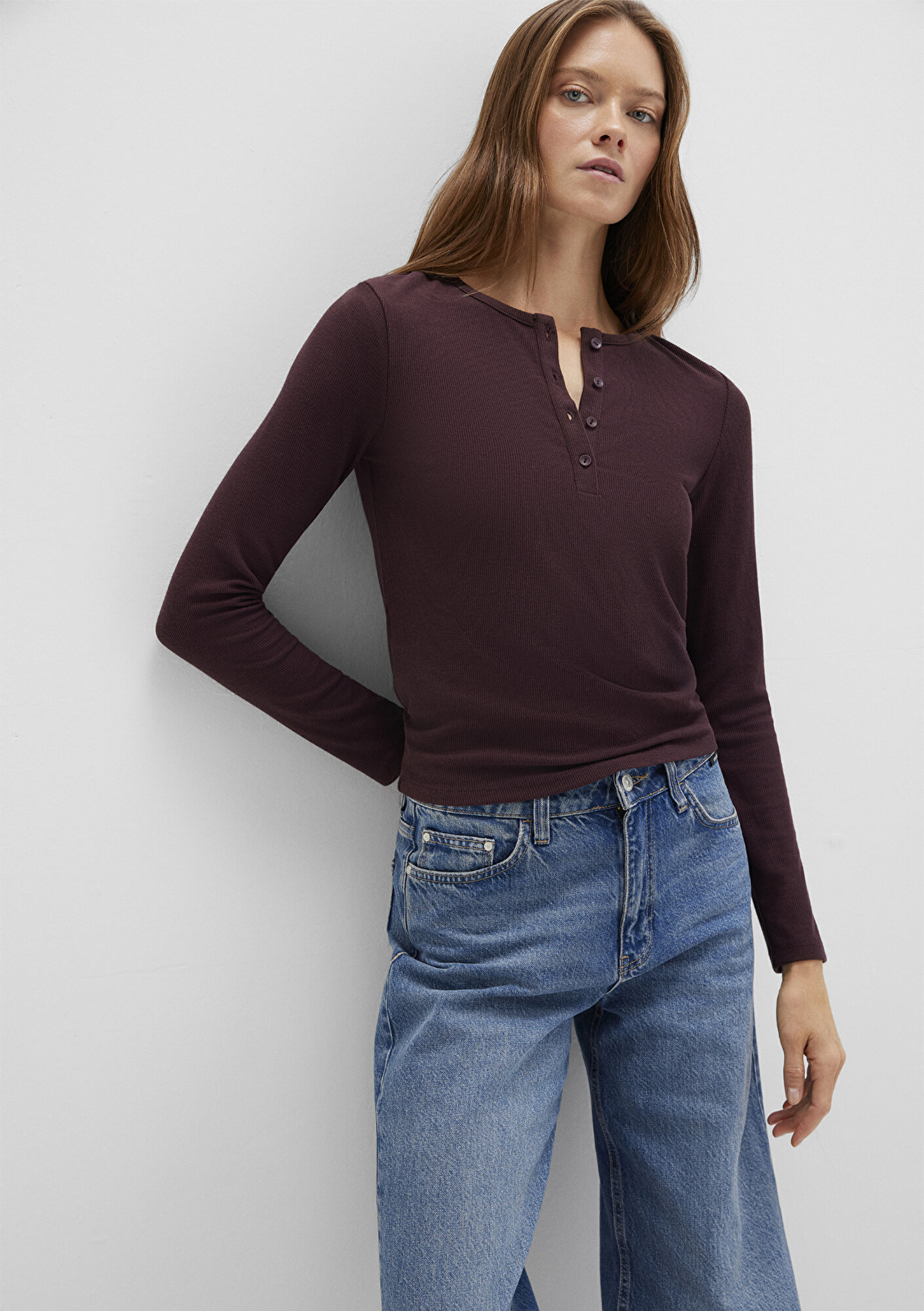  Mavi Uzun Kollu Kahverengi Basic Tişört Slim Fit / Dar Kesim 1613621-70223