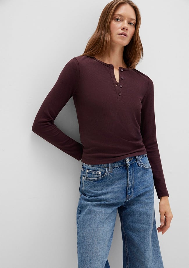  Mavi Uzun Kollu Kahverengi Basic Tişört Slim Fit / Dar Kesim 1613621-70223