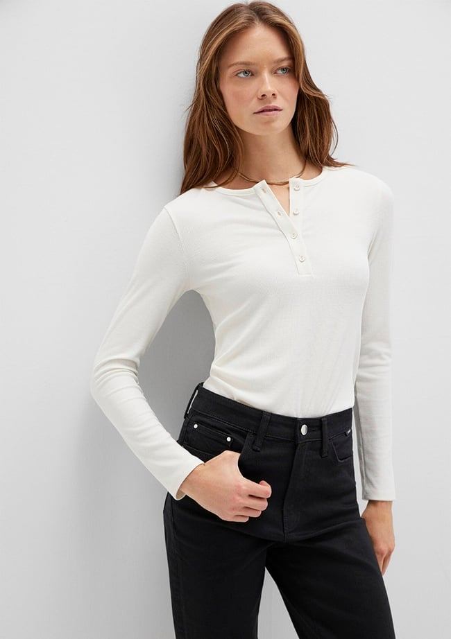  Mavi Uzun Kollu Ekru Basic Tişört Slim Fit / Dar Kesim 1613621-80194