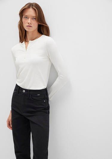  Mavi Uzun Kollu Ekru Basic Tişört Slim Fit / Dar Kesim 1613621-80194