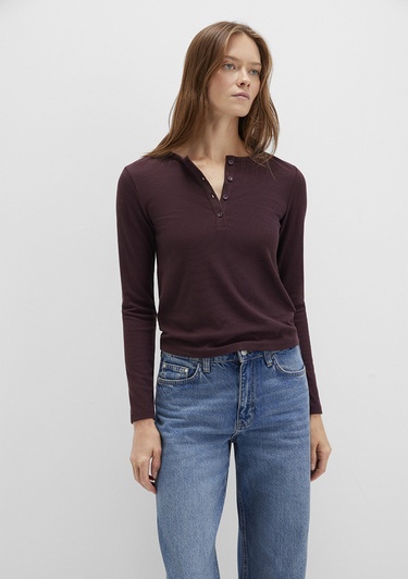  Mavi Uzun Kollu Kahverengi Basic Tişört Slim Fit / Dar Kesim 1613621-70223