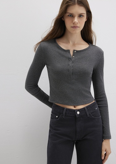  Mavi Düğme Detaylı Uzun Kollu Antrasit Crop Basic Tişört Crop / Kısa Kesim 1613403-80023