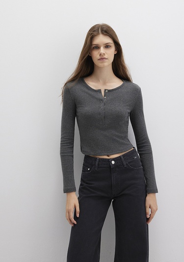  Mavi Düğme Detaylı Uzun Kollu Antrasit Crop Basic Tişört Crop / Kısa Kesim 1613403-80023