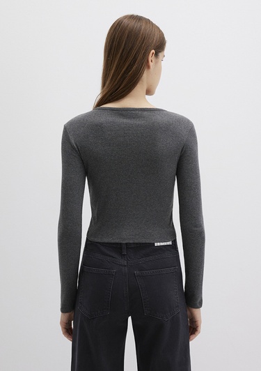  Mavi Düğme Detaylı Uzun Kollu Antrasit Crop Basic Tişört Crop / Kısa Kesim 1613403-80023