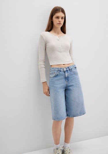  Mavi Düğme Detaylı Uzun Kollu Bej Crop Basic Tişört Crop / Kısa Kesim 1613403-80084