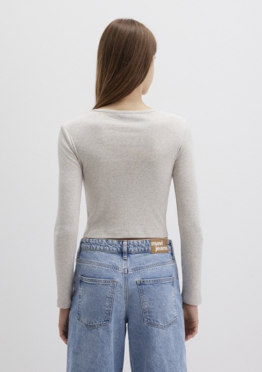  Mavi Düğme Detaylı Uzun Kollu Bej Crop Basic Tişört Crop / Kısa Kesim 1613403-80084