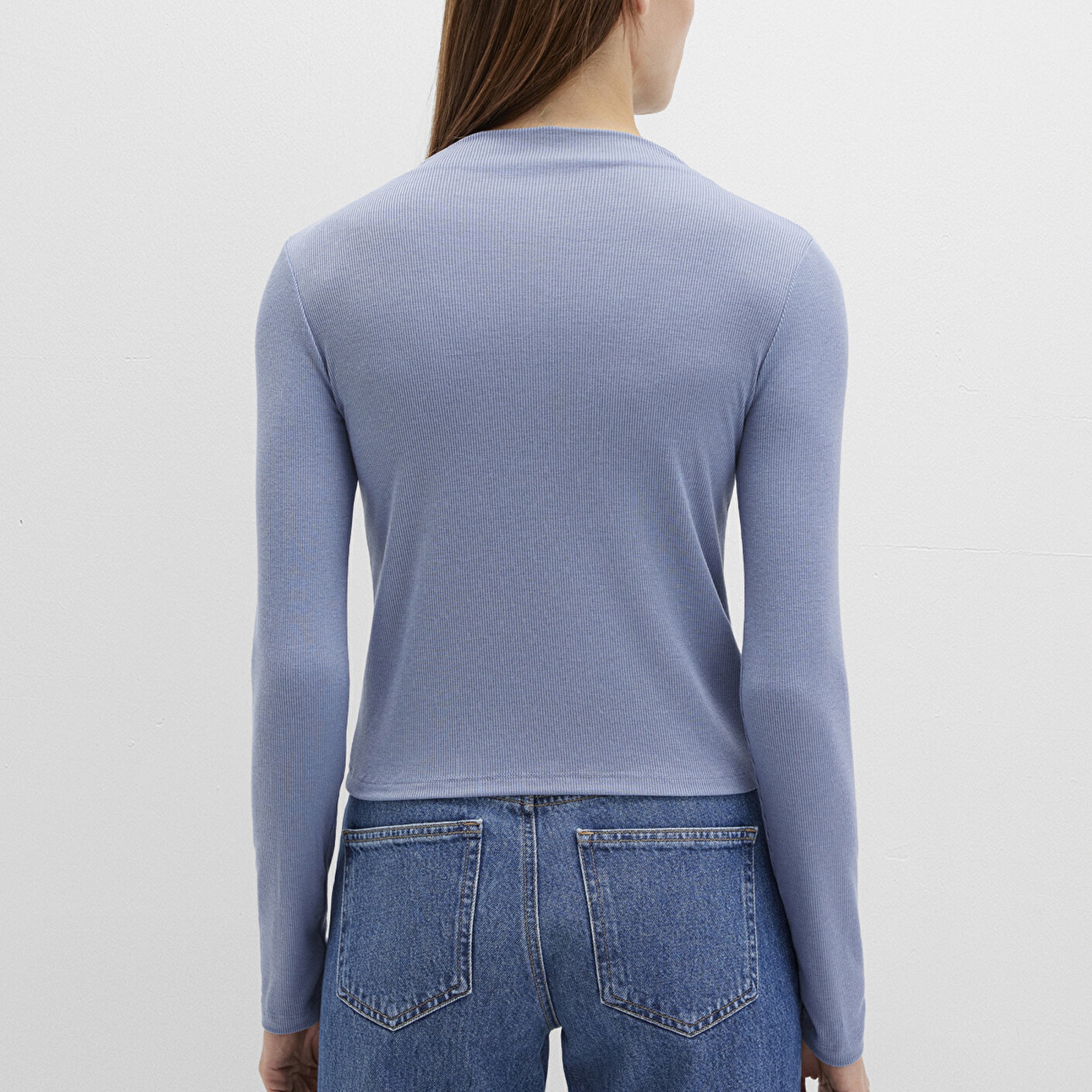 Mavi Düğme Detaylı Mavi Tişört Fitted / Vücuda Oturan Kesim 1613695-86802