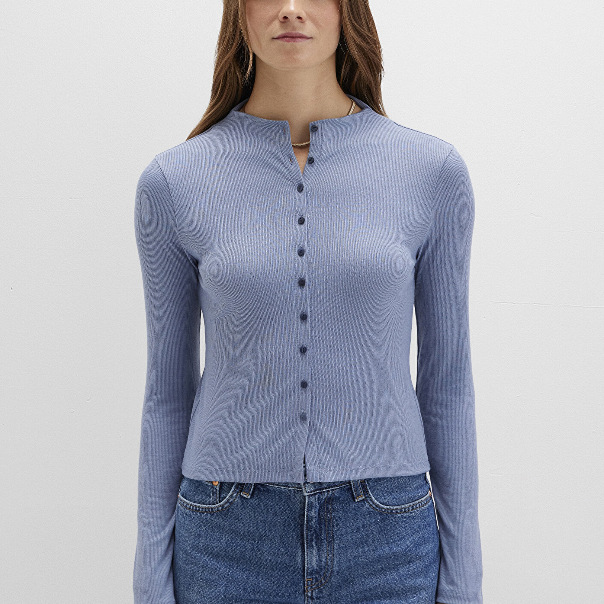 Mavi Düğme Detaylı Mavi Tişört Fitted / Vücuda Oturan Kesim 1613695-86802