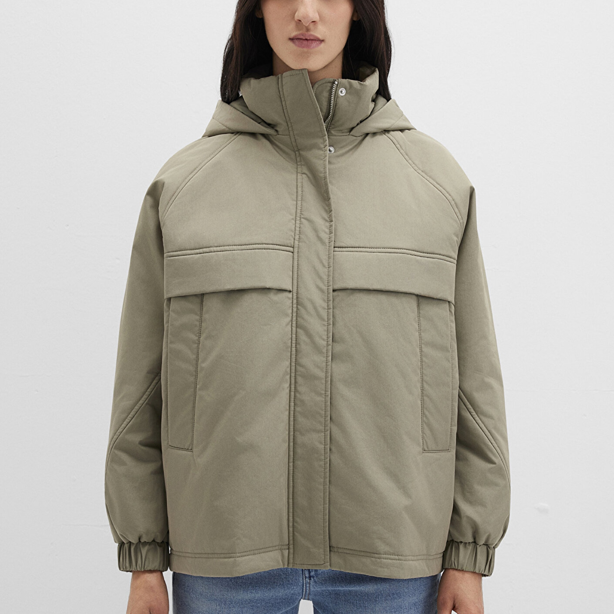 Mavi Kapüşonlu Haki Ceket Oversize / Geniş Kesim 1110348-71818