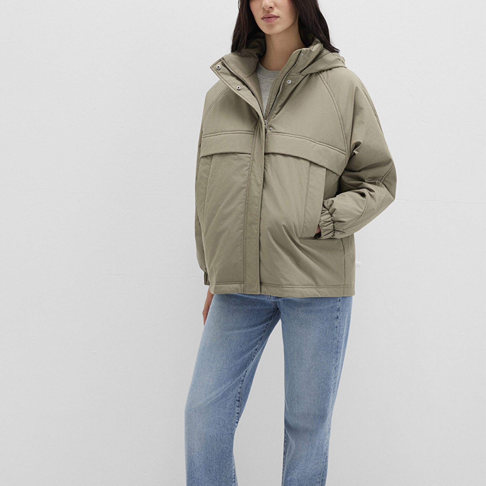 Mavi Kapüşonlu Haki Ceket Oversize / Geniş Kesim 1110348-71818