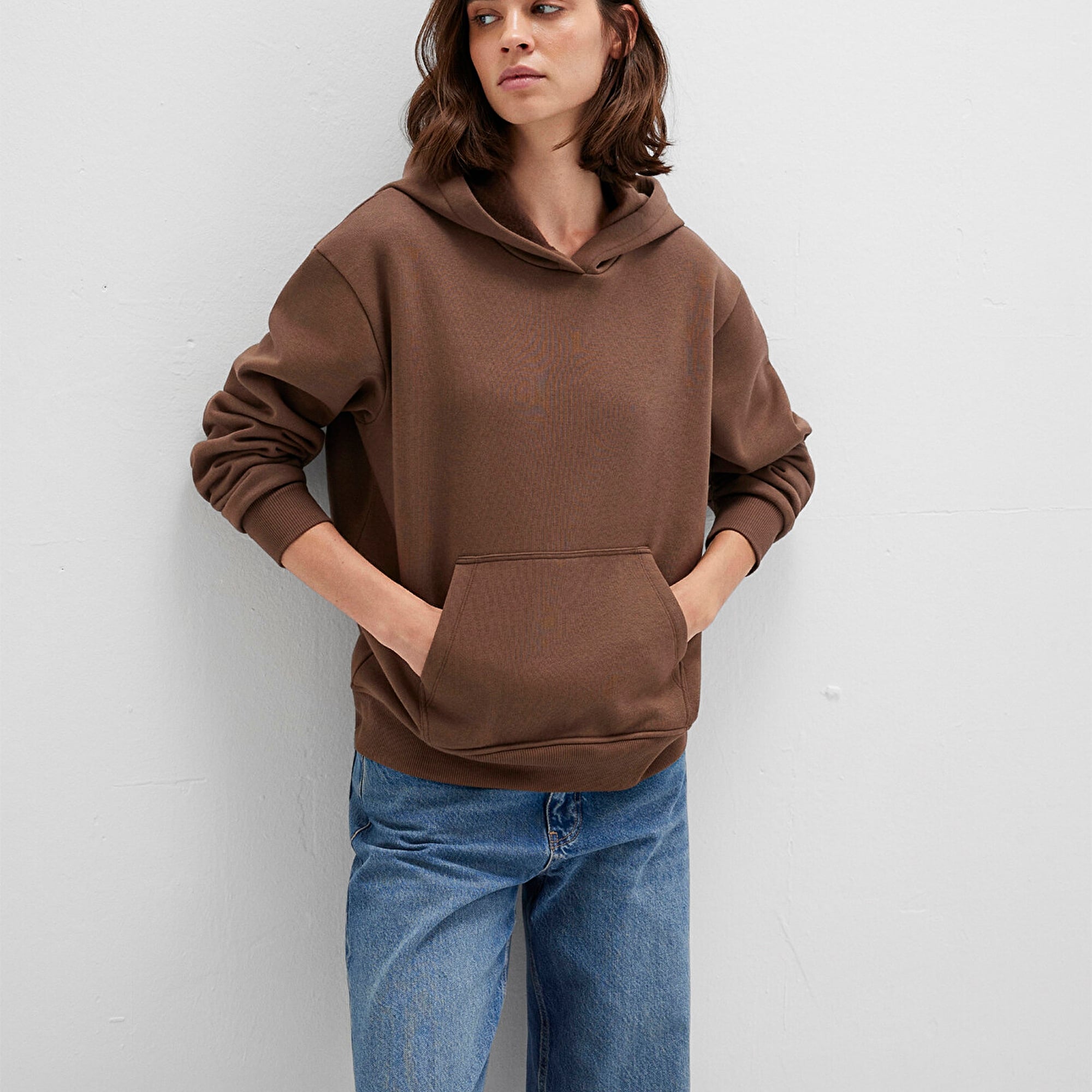 Mavi Kapüşonlu Kahverengi Basic Sweatshirt 167299-81959