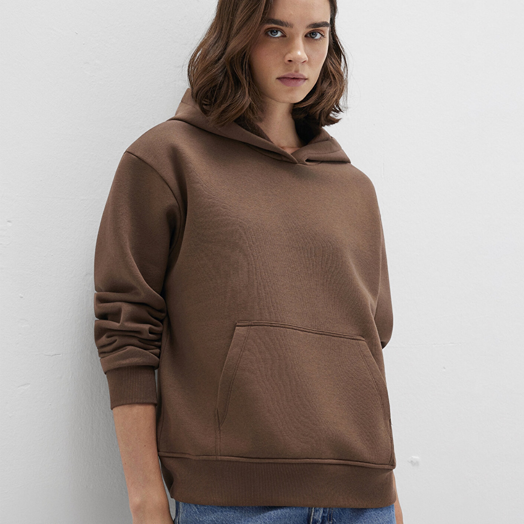 Mavi Kapüşonlu Kahverengi Basic Sweatshirt 167299-81959