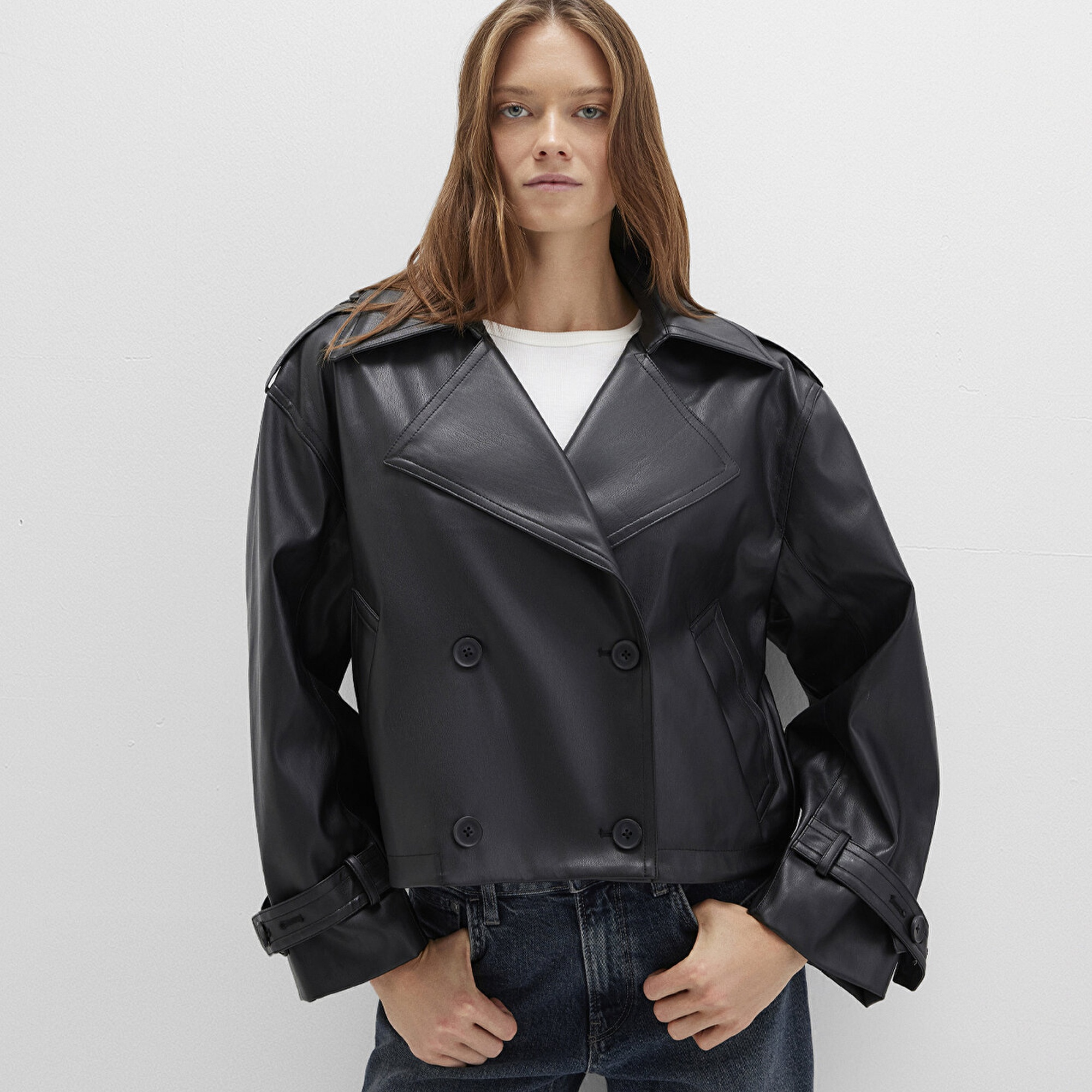 Mavi Siyah Suni Deri Ceket Oversize / Geniş Kesim 1110709-900