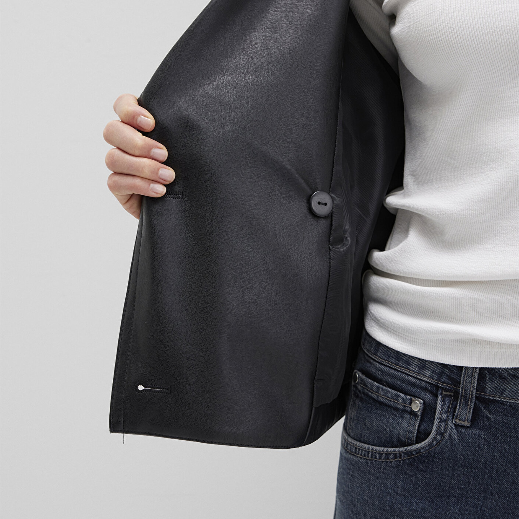 Mavi Siyah Suni Deri Ceket Oversize / Geniş Kesim 1110709-900