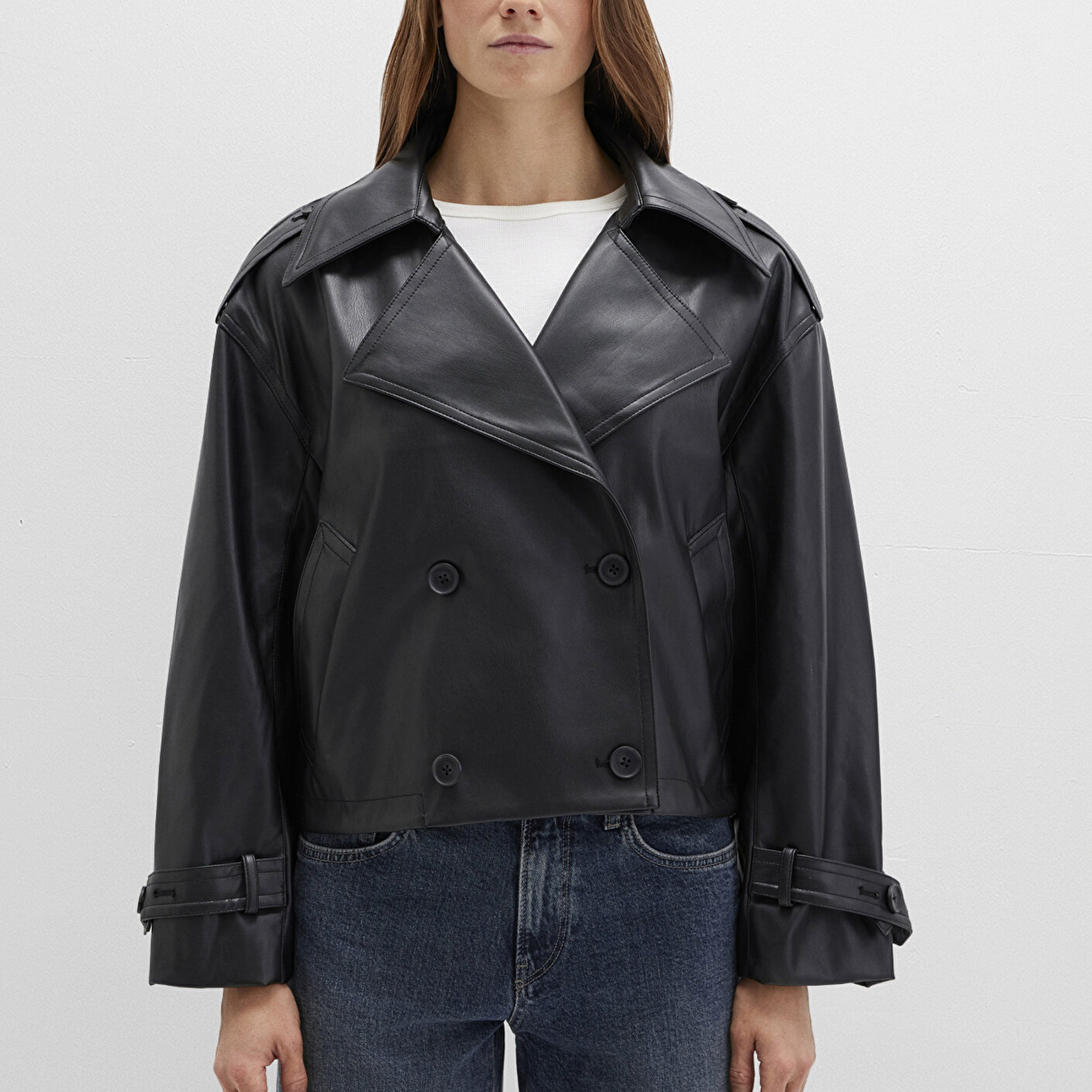 Mavi Siyah Suni Deri Ceket Oversize / Geniş Kesim 1110709-900