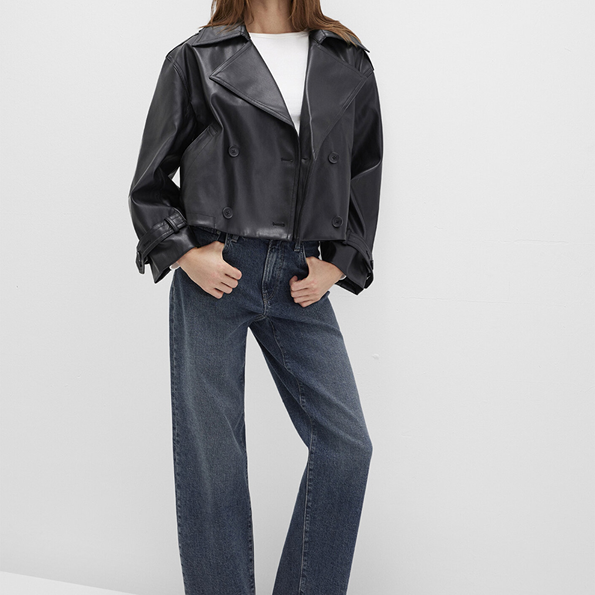 Mavi Siyah Suni Deri Ceket Oversize / Geniş Kesim 1110709-900