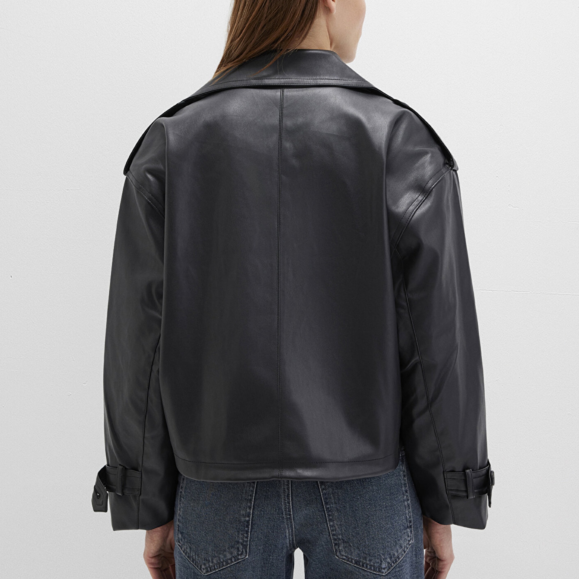 Mavi Siyah Suni Deri Ceket Oversize / Geniş Kesim 1110709-900