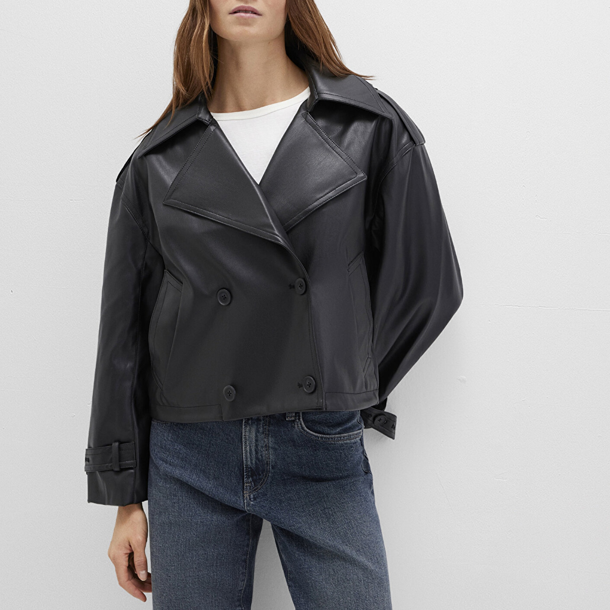 Mavi Siyah Suni Deri Ceket Oversize / Geniş Kesim 1110709-900